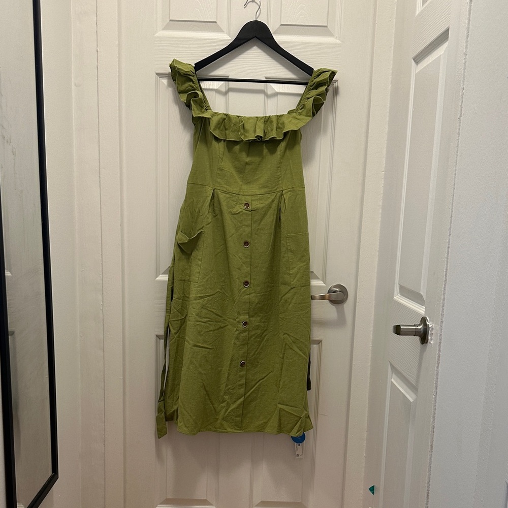 Cupshe Alejandra Green Off Shoulder Ruffle Tea Length Dress